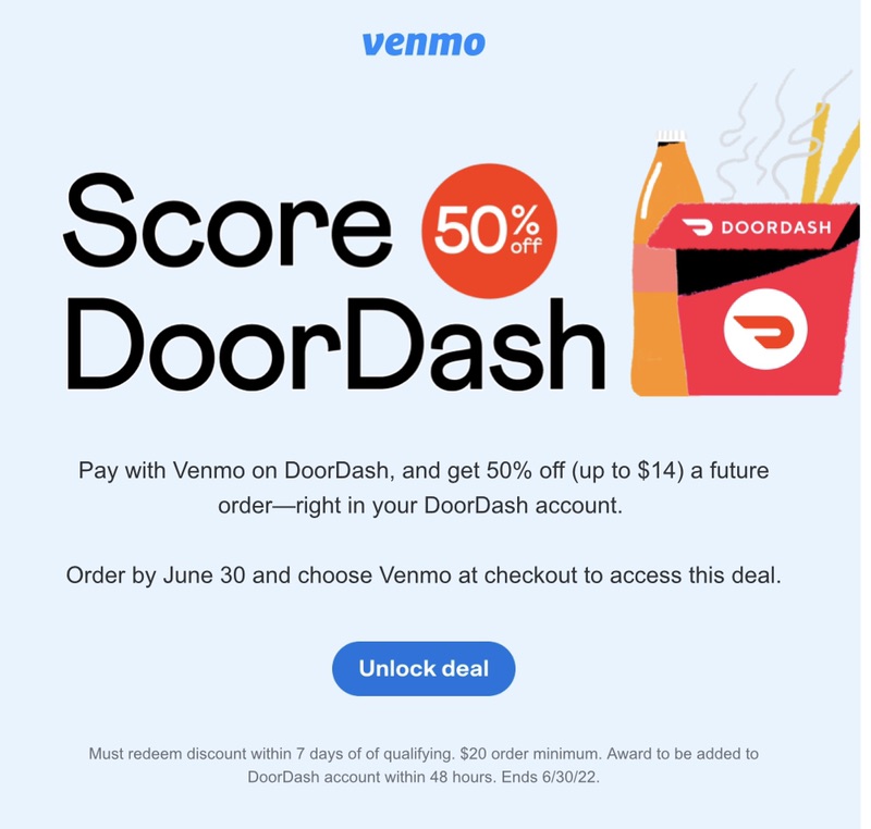DoorDash用Venmo付款有5折