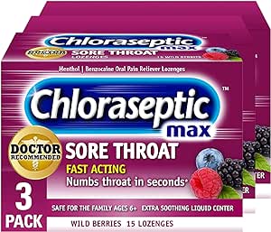Amazon.com: Chloraseptic Max Strength Sore Throat Lozenges, Wild Berries, 15 Count, 3 Pack : Health &amp; Household