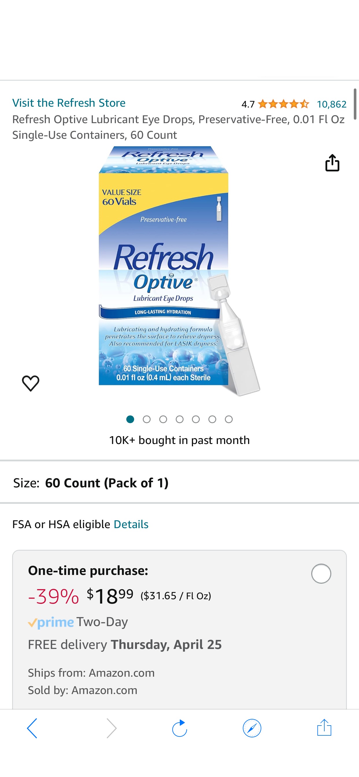 Amazon.com: Refresh Optive Lubricant Eye Drops, Preservative-Free, 0.01 Fl Oz Single-Use Containers, 60 Count : Health & Household 润滑眼液