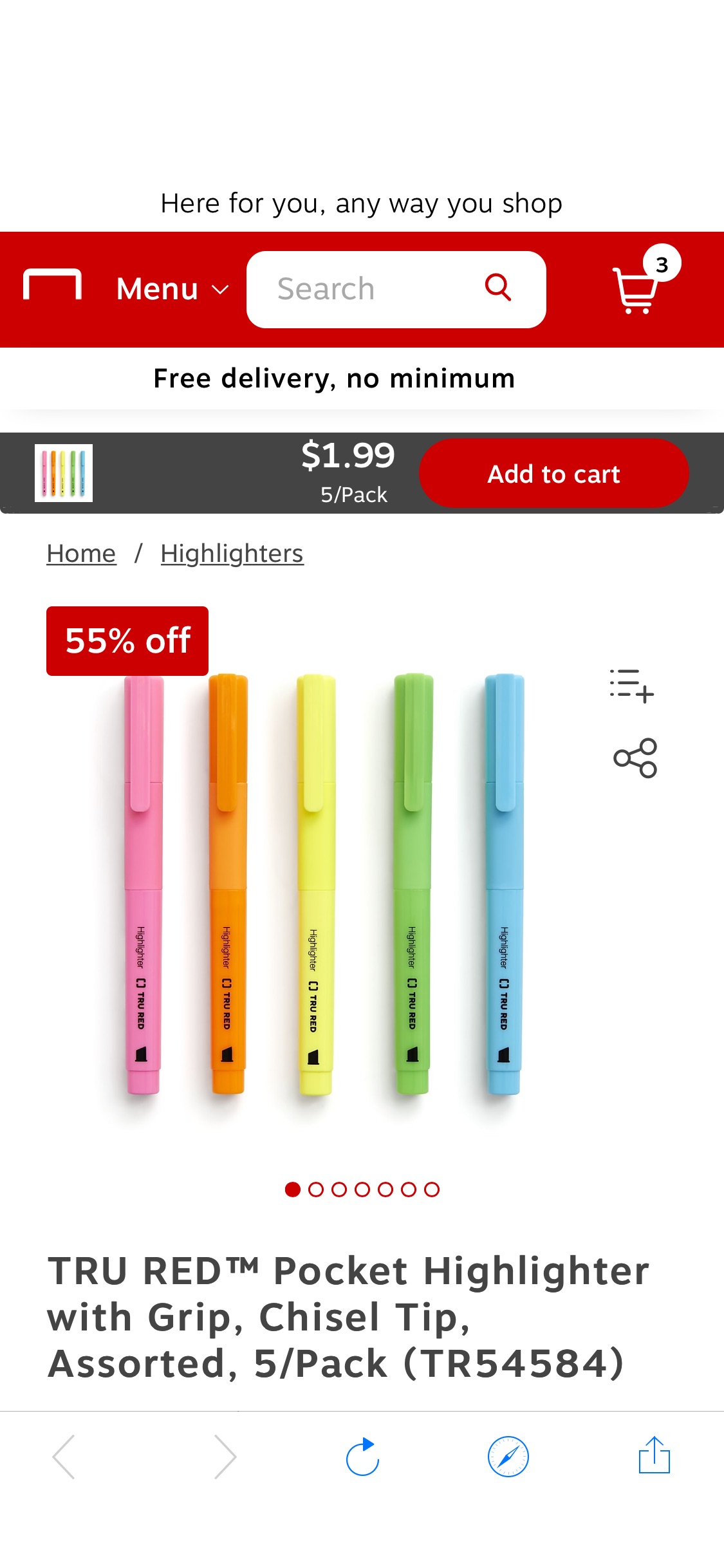 TRU RED™ Pocket Highlighter with Grip, Chisel Tip, Assorted, 5/Pack (TR54584) at Staples彩笔