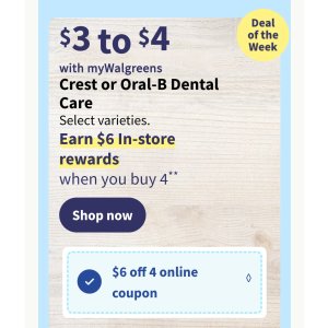  免费! Walgreens得4件任意组合牙膏，牙刷，漱口水
