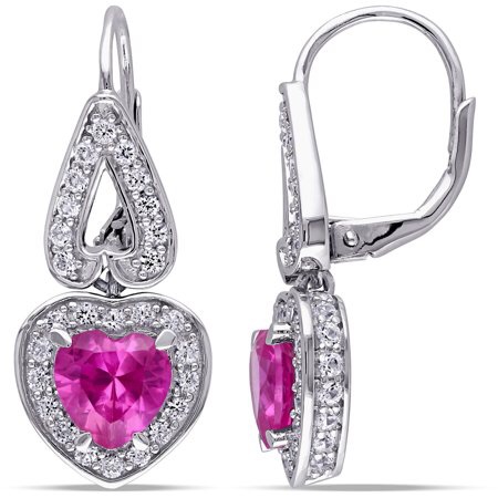 Tangelo - 4-3/4 Carat T.G.W. Created Pink and White Sapphire Sterling Silver Halo Heart Earrings - Walmart.com心形耳环