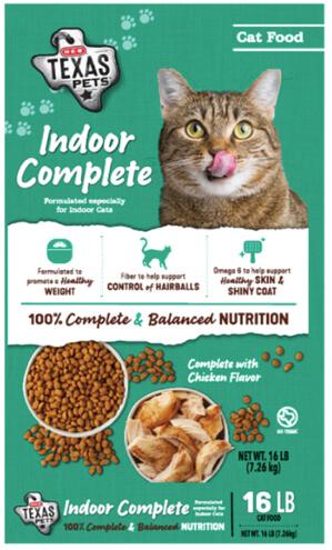 猫粮召回：HEB TEXAS PETS Indoor Complete Dry Cat Food，沙门氏菌污染