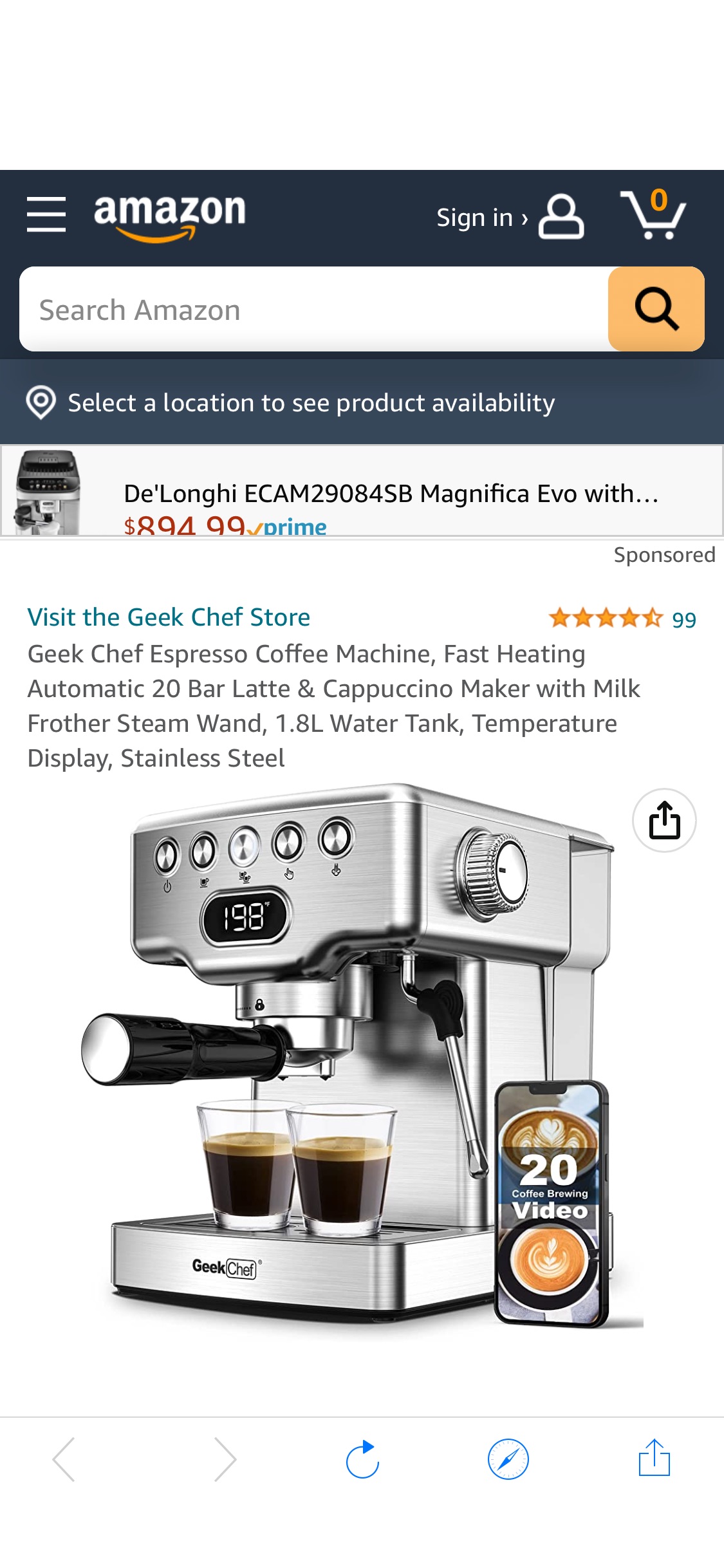 折后109.99 美元，原价249.98 美元 ，折扣码：56CCGDB8

意式浓缩咖啡机，快速加热自动 20种模式，巴拿铁和卡布奇诺咖啡机，带奶泡器蒸汽棒，带温度显示，不锈钢材质
