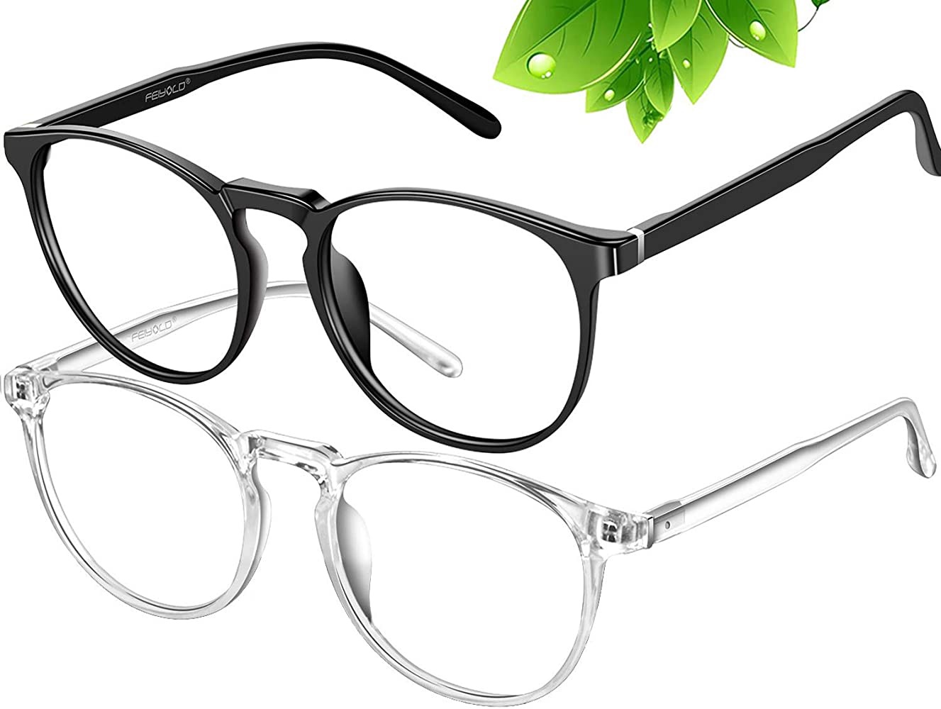 Amazon.com: FEIYOLD蓝色阻光眼镜女士/男士，复古圆形防眼疲劳电脑游戏眼镜（2件装）