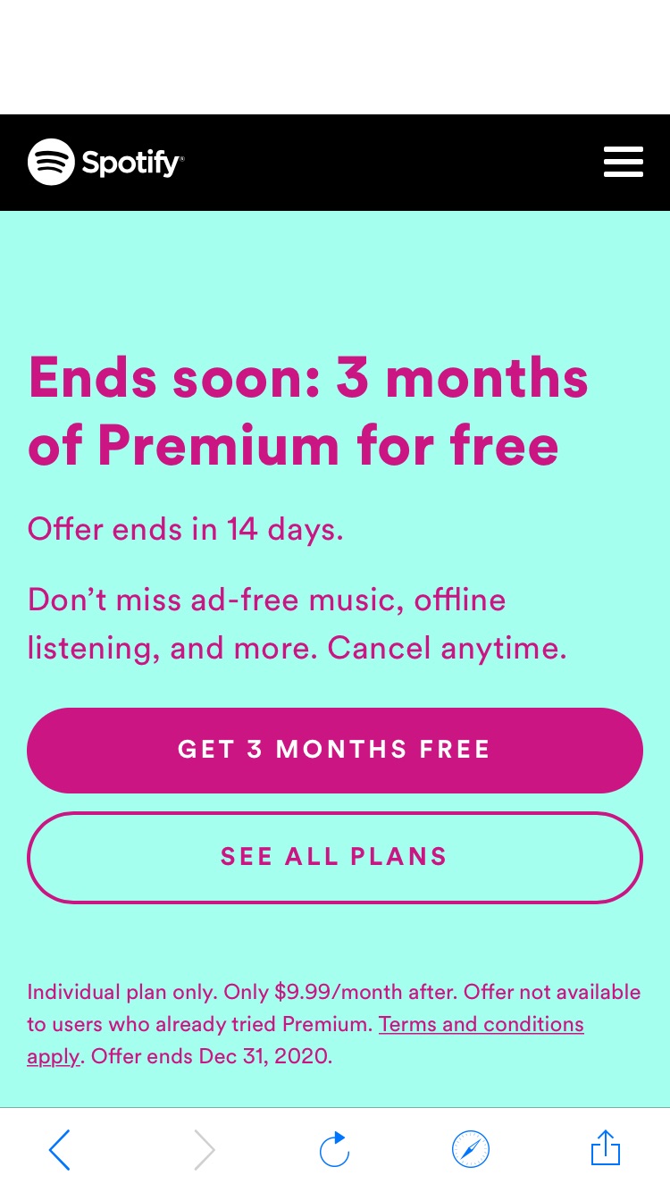 Spotify三个月免费试用