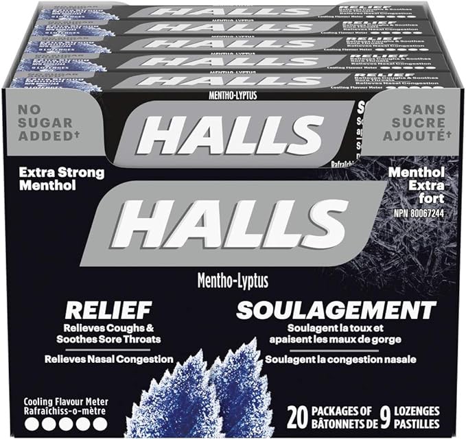 Halls Triple Soothing Action, No Sugar Added, Cough Drops, Extra Strong Menthol 9 count, 20 Packs : Amazon.ca: Health & Personal Care