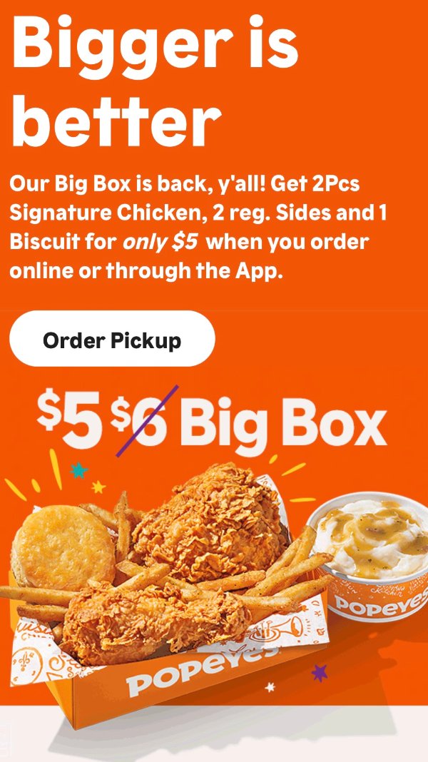 Popeyes 限时回归"Big Box"仅$5 含两块炸鸡、两份side等