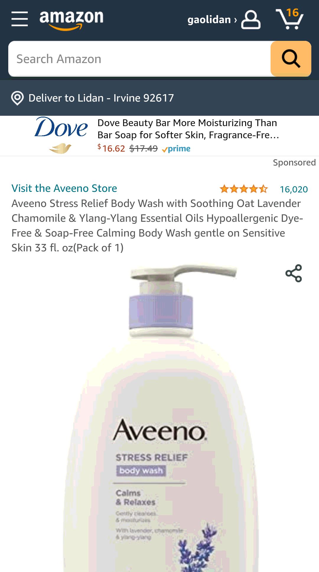 Aveeno Stress Relief Body Wash with Soothing Oat Lavender Chamomile & Ylang-Ylang Essential Oils Hypoallergenic Dye-Free & Soap-Free Calming Body Wash gentle on Sensitive Skin 33 fl. oz舒缓沐浴露