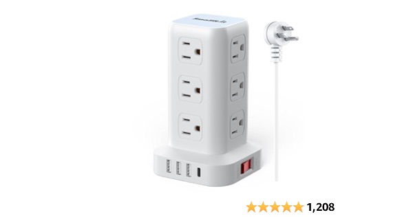 PD20W Power Strip Tower Surge Protector,16.5FT Extension Cord,Power Strip with USB 12 Outlets with 4 USB Ports (1 USB C), Flat Plug Multi Plug Outlet Extender Overload Protection for Home Office