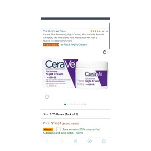 $10.76 Amazon.com: CeraVe Skin Renewing Night Cream | Niacinamide, Peptide Complex, and Hyaluronic Acid Moisturizer for Face | 1.7 Ounce, Packaging may Vary : Beauty & Personal Care