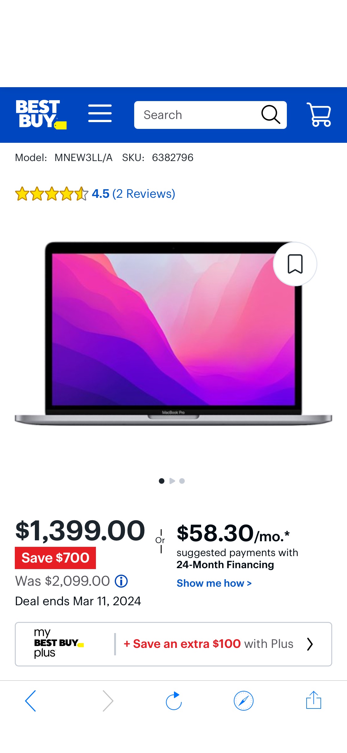 Best Buy has 2022 Apple MacBook Pro 13.3" Laptop on sale. Shipping is free.