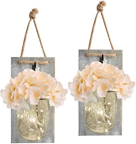 Amazon.com: Mason Jar Sconce 挂式仙女灯2个Rustic Home Wall Decor with LED Fairy Lights - Handcrafted Hanging Mason Jar Sconces 2 Pack, Infinite Loop Timer Switch and 30 LED (