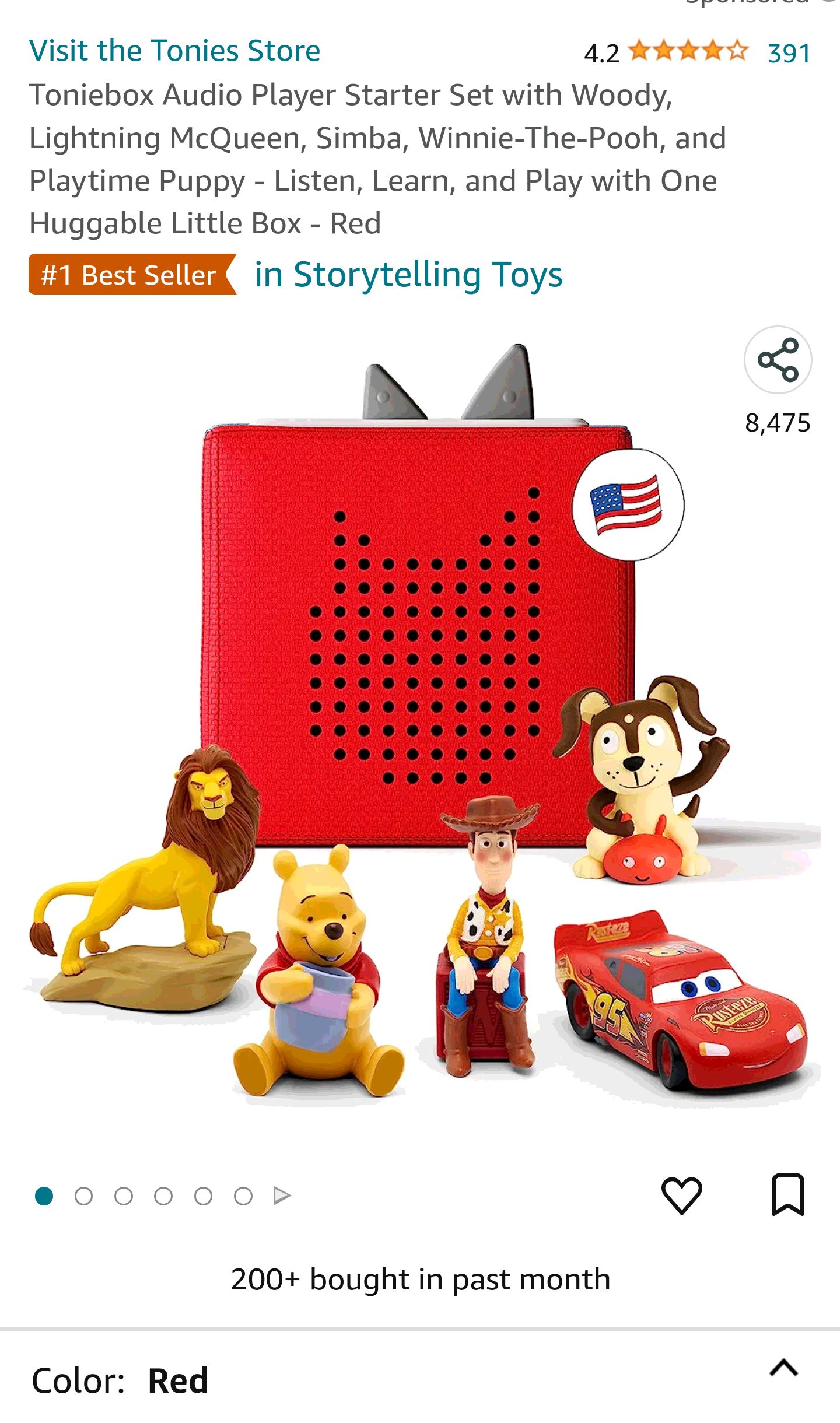 Toniebox Audio Player Starter Set with Woody, Lightning McQueen, Simba, Winnie-The-Pooh, and Playtime Puppy - Listen, Learn, and Play with One Huggable Little Box - Red : Toys & Games