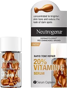 Amazon.com : Neutrogena Rapid Tone Repair 20% Vitamin C Face Serum Capsules, Daily Facial Serum with Vitamin C to Help Brighten Skin Tone & Reduce Look of Dark Spots, 7 ct : Beauty & Personal Care 维生素