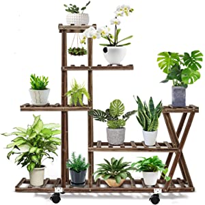 cfmour Wood Plant Stand Indoor Outdoor, Plant Display Multi Tier Flower Shelves Stands, Garden Plant Shelf Rack Holder in Corner Living Room Balcony Patio Yard with 3 Free Gardening Tools 
带滑轮木制花架