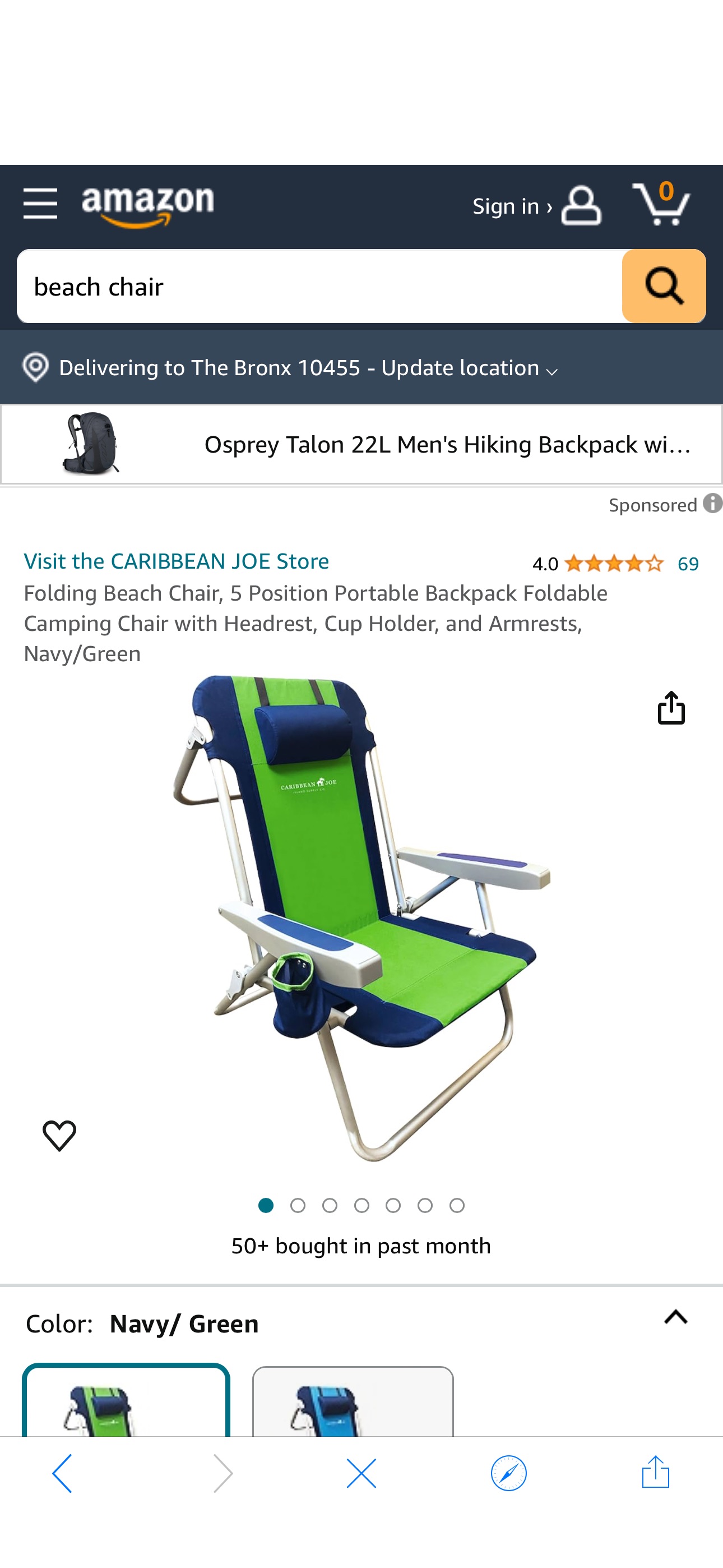 Amazon.com: CARIBBEAN JOE Folding Beach Chair, 5 Position Portable Backpack Foldable Camping Chair with Headrest, Cup Holder, and Armrests, Navy/Green : Everything Else