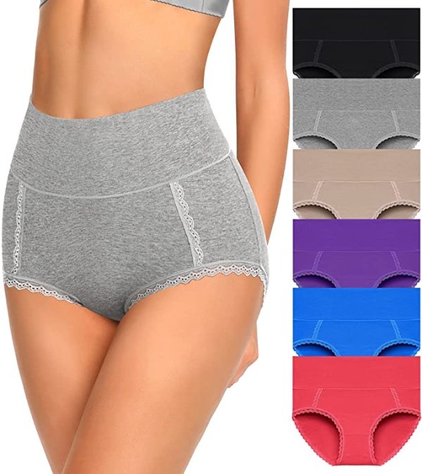 Cotton High Waisted Womens Double-Layer Waistband Soft Underwear Breathable No Ride Up Panties No Muffin Briefs 6-Pack