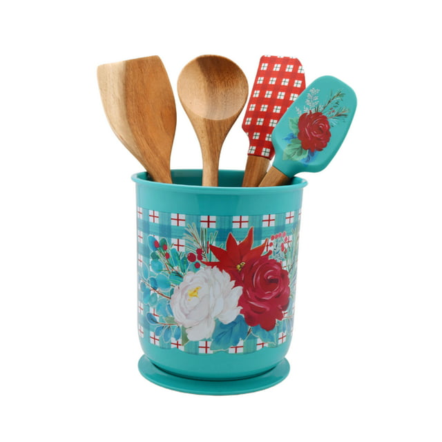 The Pioneer Woman Silicone and Wood Cooking Utensils and Crock Set, 5 Pieces, Wishful Winter - Walmart.com