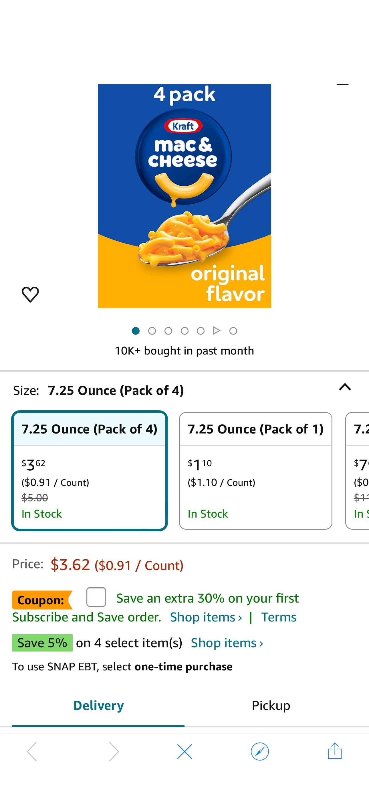Amazon.com : Kraft Original Macaroni & Cheese Dinner (4 ct Pack, 7.25 oz Boxes) : Everything Else折扣30%off