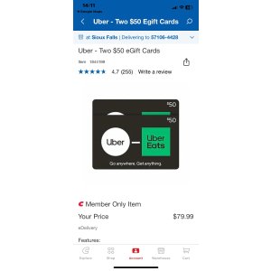 $79.99 Uber 礼卡