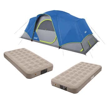 Coleman 10 Person Skydome Tent with LED Lighting with 2 Coleman QuickBed Elite Extra-High Twin Airbeds with 4D Built-in Pump Bundle | Costco