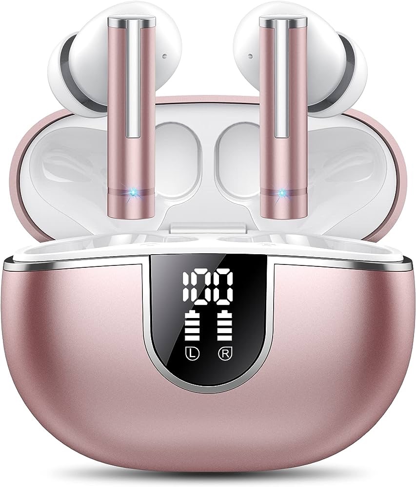Lekaby耳塞无线耳塞蓝牙，2023新款蓝牙5.3入耳式耳机高保真立体声，带4个ENC麦克风，带LED显示屏的40小时耳塞，适用于手机笔记本电脑电视的IP7防水耳机 (Pink)