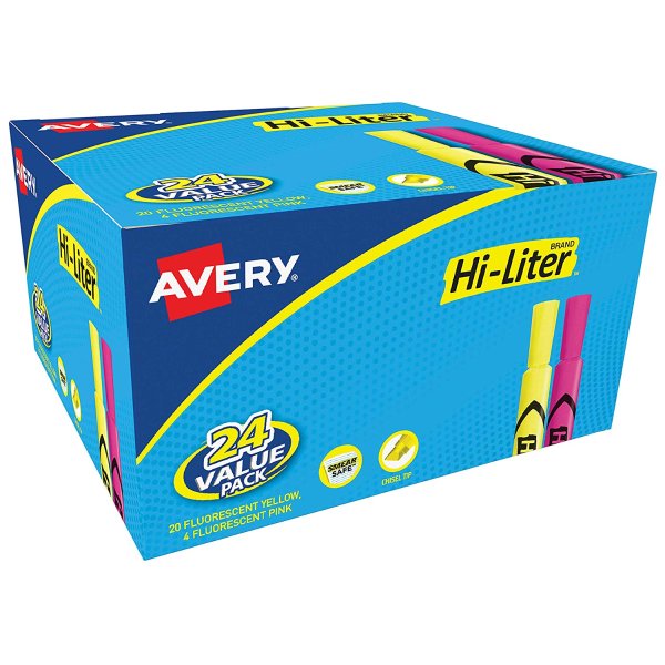 Avery Hi-Liter, Yellow and Pink, Pack of 24 Highlighters