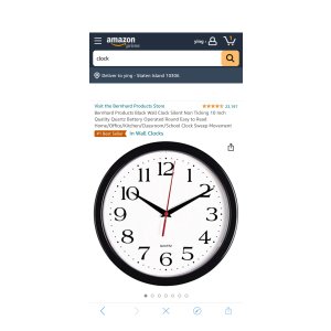 $11.97 Amazon.com: Bernhard Products Black Wall Clock Silent Non Ticking 10 Inch Quality Quartz Battery Operated Round Easy to Read Home/Office/Kitchen/Classroom/School Clock Sweep Movement : Home & Kitchen
