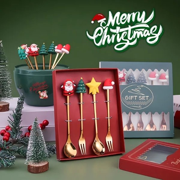 4pcs, Christmas Style Cutlery Set, 2 Forks And 2 Spoons, Christmas Gifts, Santa Claus Christmas Tree | Save Money On Temu | Temu