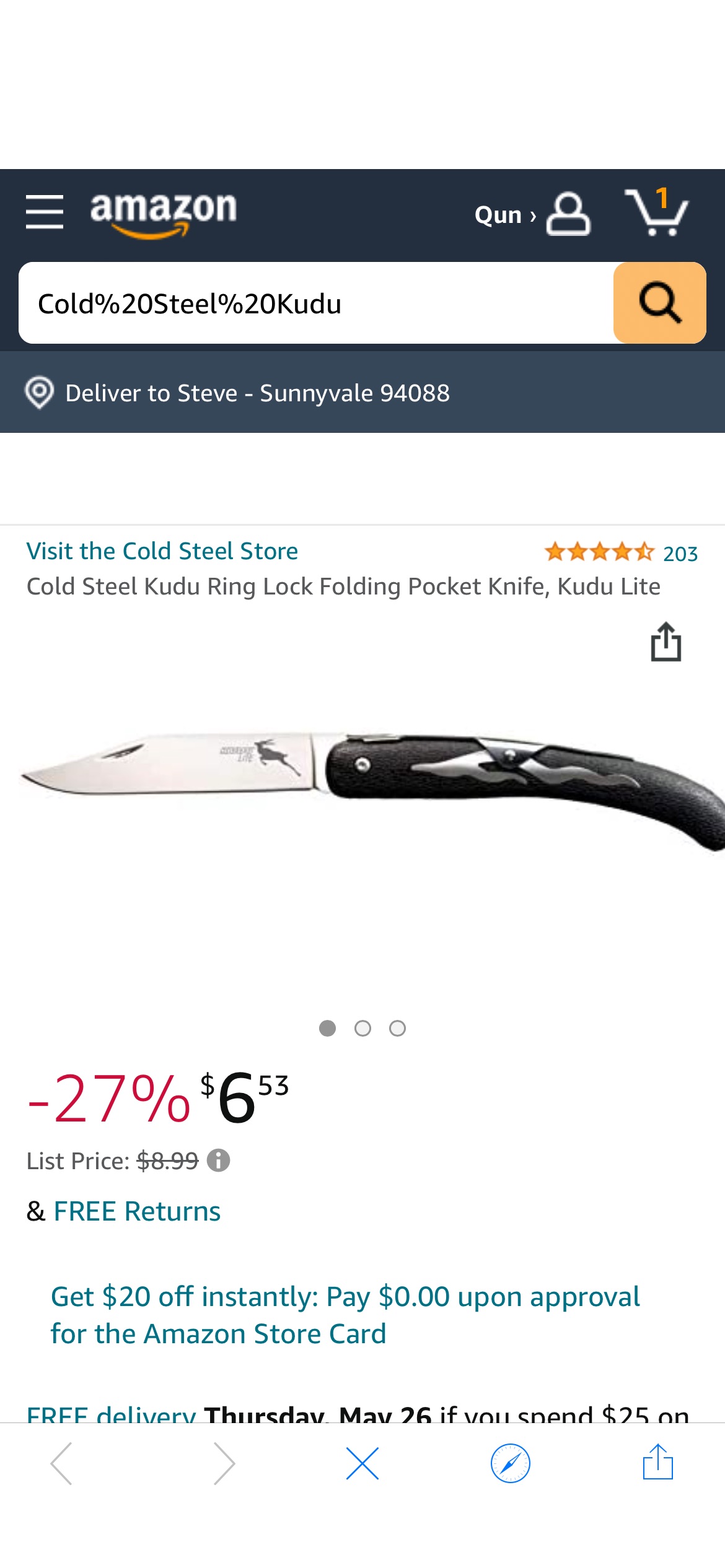 Amazon.com : Cold Steel Kudu Ring Lock Folding Pocket Knife, Kudu Lite : Sports & Outdoors为