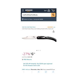 $6.53 Amazon.com : Cold Steel Kudu Ring Lock Folding Pocket Knife, Kudu Lite : Sports & Outdoors为
