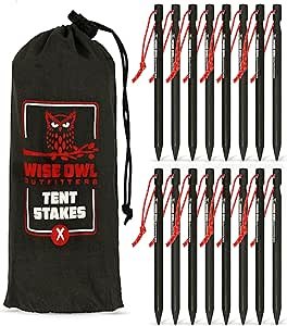 Wise Owl Outfitters Tent Stakes - Heavy Duty Camping Stakes for Outdoor Tent & Tarp - Essential Camping Accessories, Available in 12pk or 16pk Black