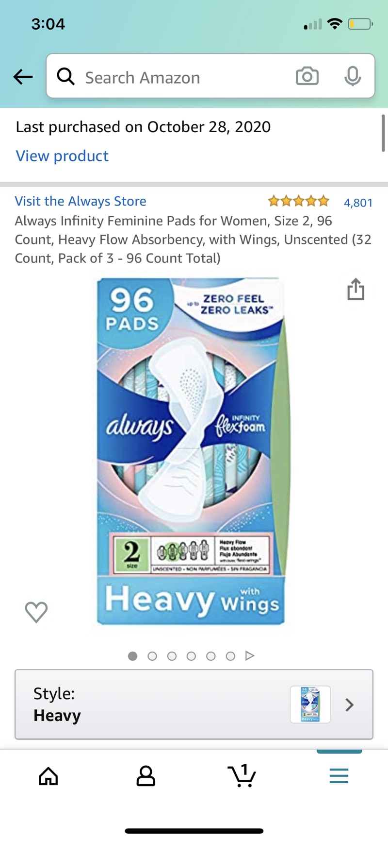 Amazon Always Infinity衛生巾 Size 2, 96 Count, Heavy Flow Absorbency, with Wings, Unscented (32 Count, Pack of 3 - 96 Count Total): Health & Personal Care