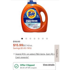  白菜价：部分大瓶P&G洗衣液（Tide115安士或Gain154安士）只需$6.29