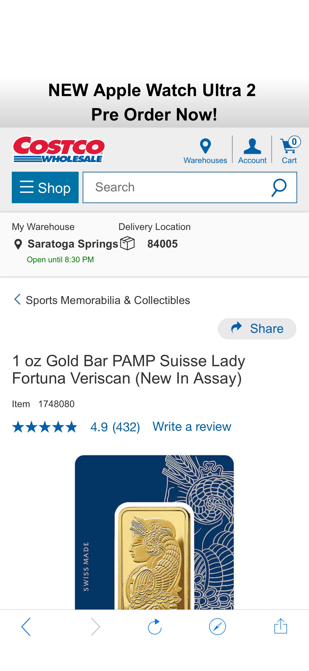 1 oz Gold Bar PAMP Suisse Lady Fortuna Veriscan (New In Assay) | Costco