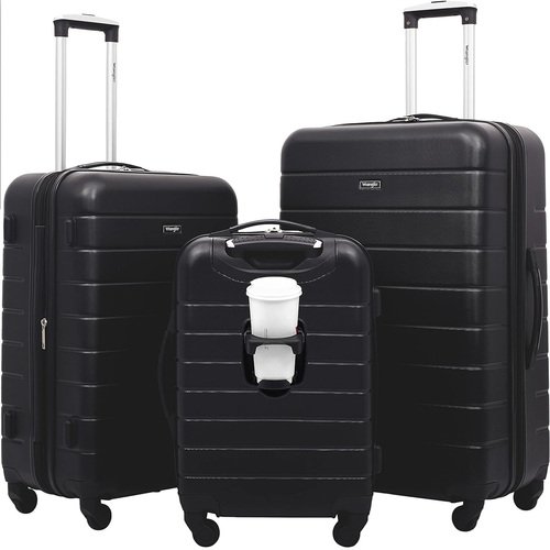 3 Piece Hardside Smart Luggage Set w/Cup Holder and USB Port (20"/24"28") Black