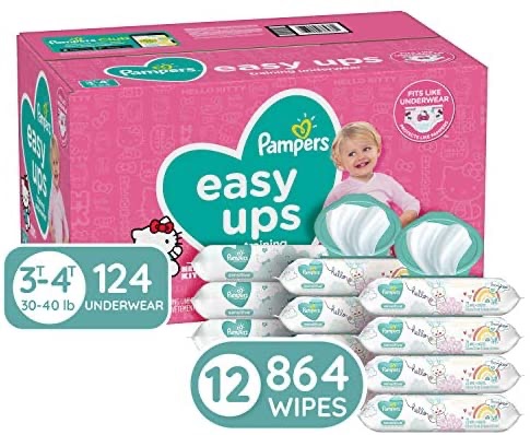 Amazon.com: 拉拉裤和湿巾Pampers Easy Ups and Baby Wipes - (3T-4T), 124 Count with Sensitive Wipes, 12X Pop-Top Packs, 864 Count