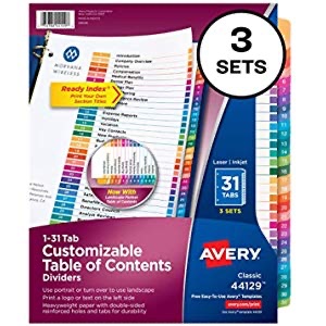 Amazon.com : Avery 12-Tab Dividers for 3 Ring Binders, Customizable Table of Contents, Multicolor Tabs, 3 Sets (44128) : Office Products记事贴