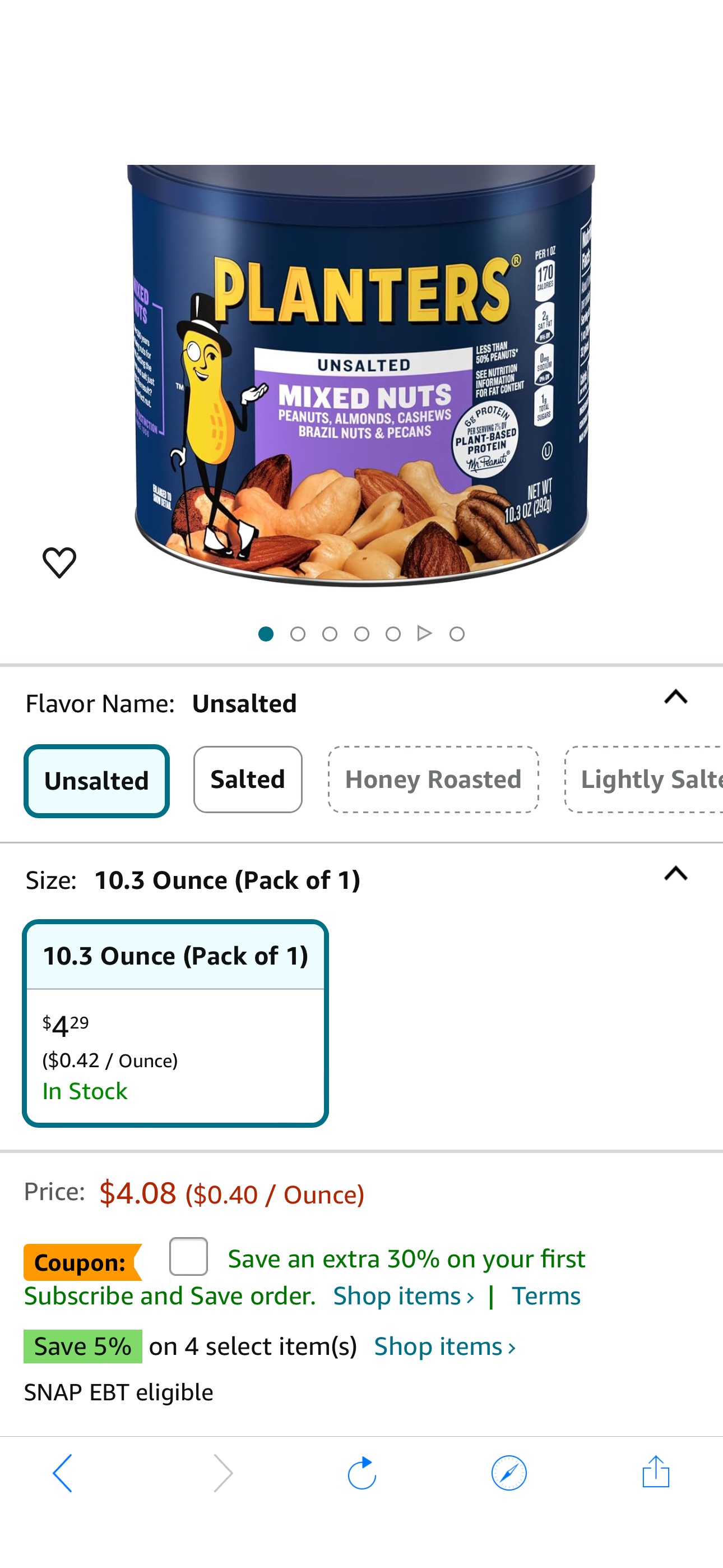 Amazon.com : PLANTERS Roasted Unsalted Mixed Nuts, 10.3 oz Canister : Everything Else折扣30%off