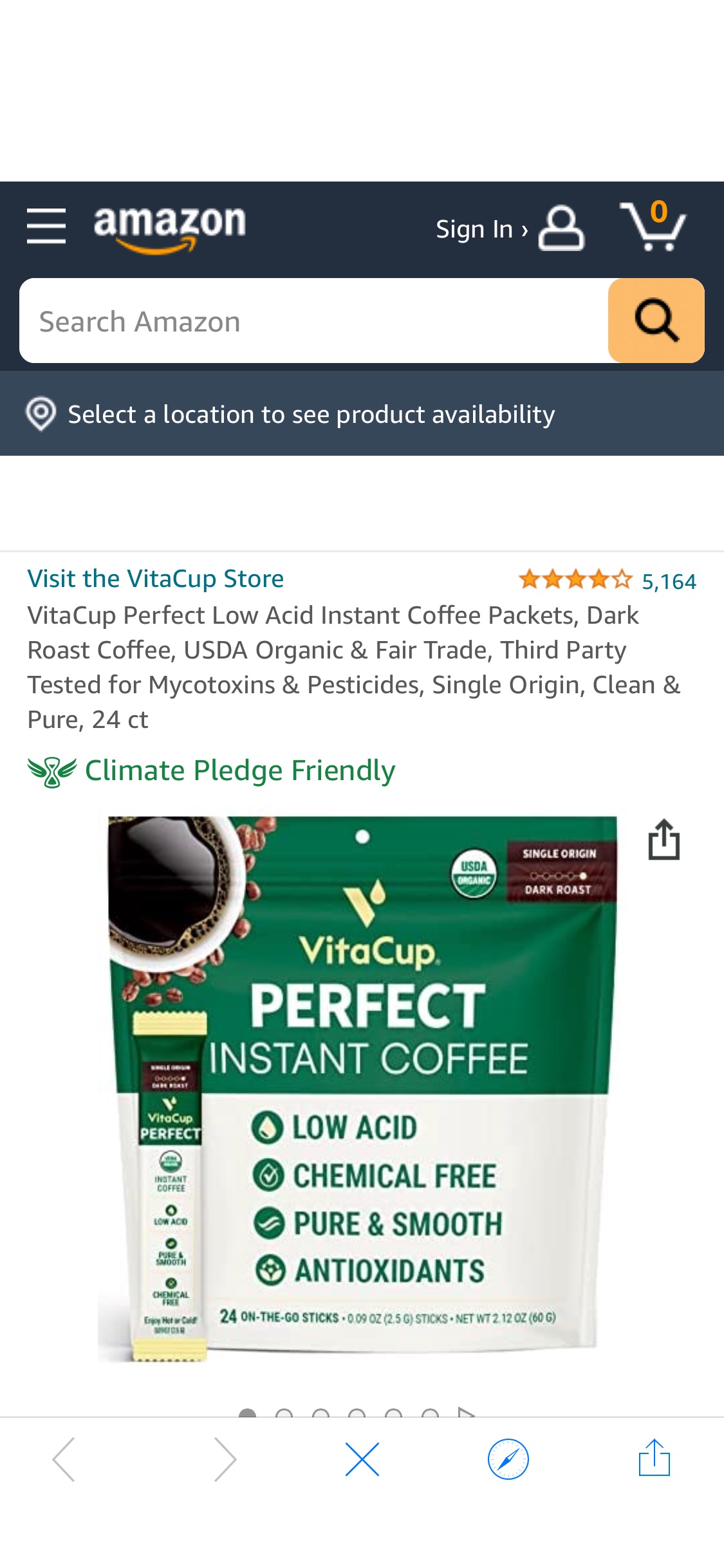 VitaCup Perfect Low Acid Instant Coffee Packets, Dark Roast Coffee, USDA Organic & Fair Trade, Third Party Tested for Mycotoxins & Pesticides, Single Origin, Clean & Pure, 24 ct