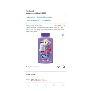 $7.19 Amazon.com: ONE A DAY Kids Trolls Multivitamin Gummy Vitamins A, B6, B12, C, D, E, Zinc, Folic Acid and Biotin (Packaging May Vary), Trolls, 180 Count : Health & Household