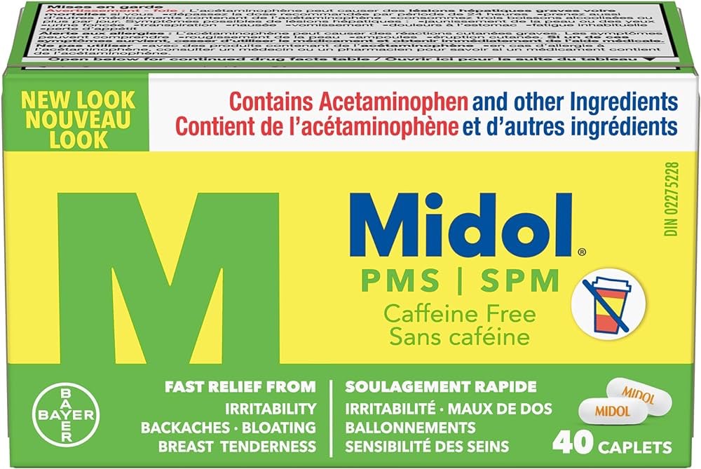 Midol PMS Caffeine-Free Pain Reliever, Fast Relief of Pre-Menstrual Period Symptoms such as Irritability, Bloating, Cramps, Breast tenderness, Backache, Headaches and Muscle Aches (40 Caplets) : Amazo
