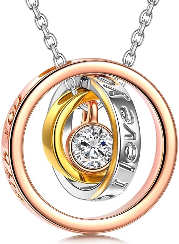 QIANSE Mother's Day Necklaces Gifts Sun of Life Three Rings Design Pendant with Engraving Necklace