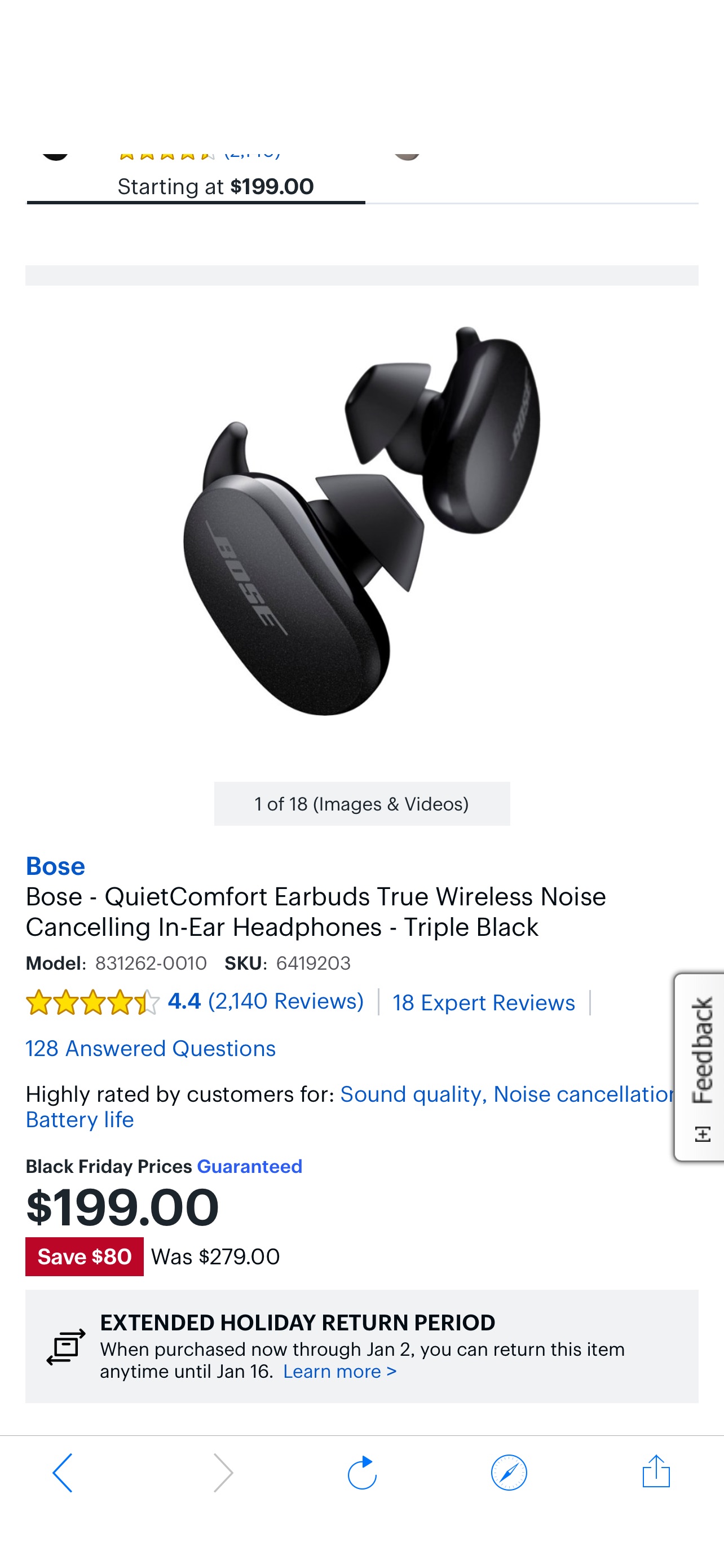 Bose QuietComfort Earbuds True Wireless Noise Cancelling In-Ear Headphones Triple Black 831262-0010 - Best Buy Bose无线降噪耳机