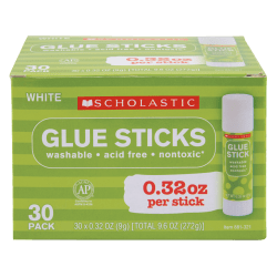 Scholastic Glue Sticks, 0.32 Oz, Clear, Pack Of 30