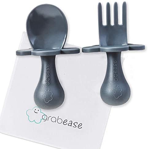 GRABEASE First Training Self Feed Baby Utensils – Anti-Choke, BPA-Free Baby Spoon and Fork Toddler Utensils Set with to-Go Case – Toddler Silverware for Baby Led Weaning Ages 6 Months+宝宝餐具（6个月以上可用）