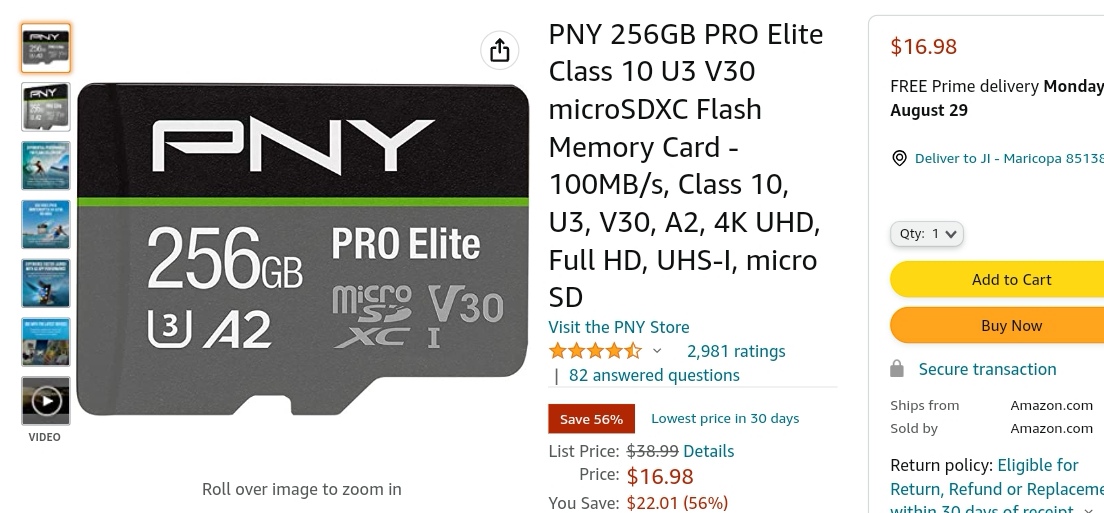 PNY 256GB PRO Elite Class 10 U3 V30 microSDXC 闪存卡