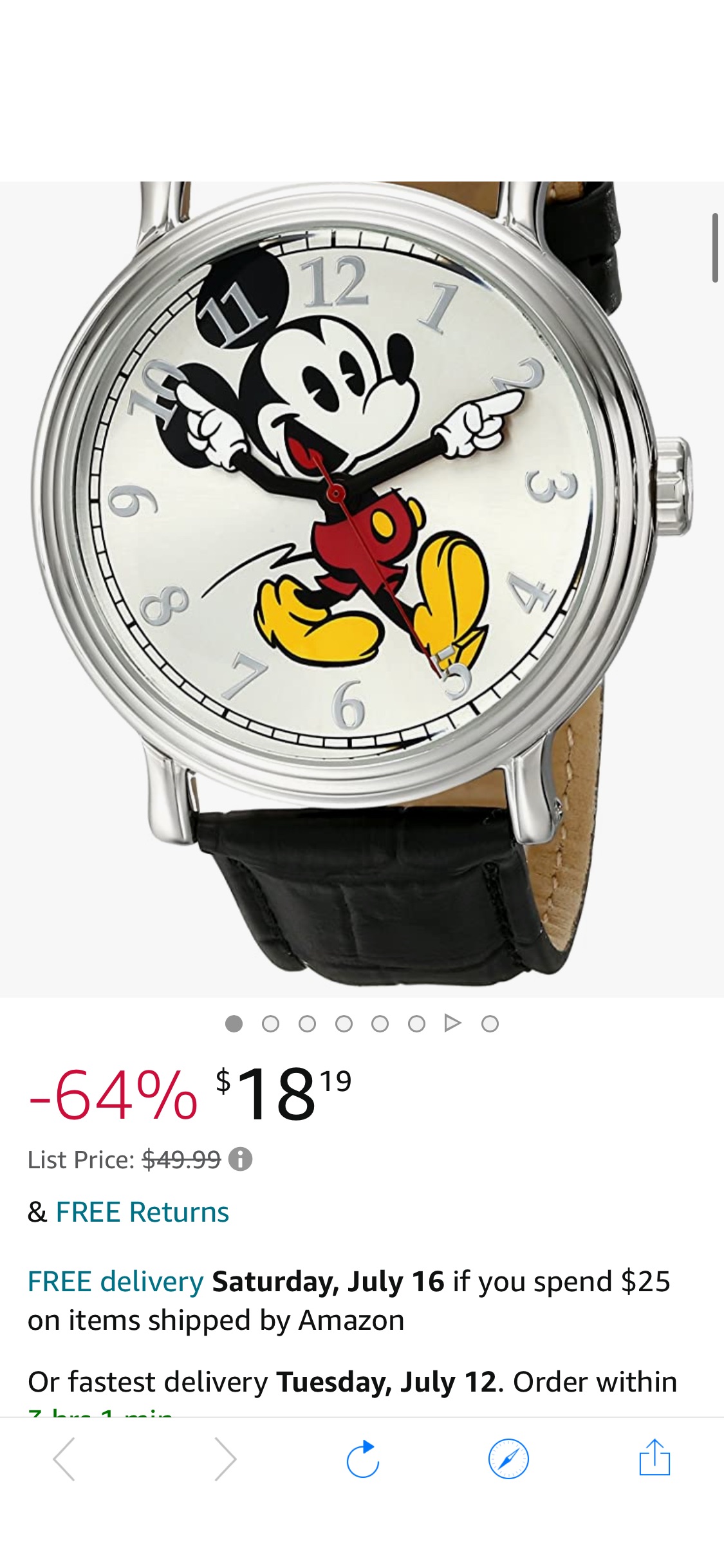 Disney 米老鼠黑表带银色手表 44毫米表壳