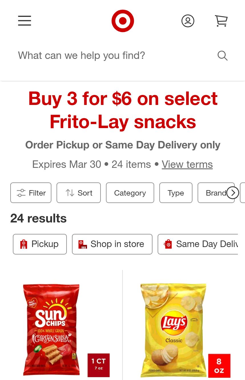 Buy 3 for $6 on select Frito-Lay snacks